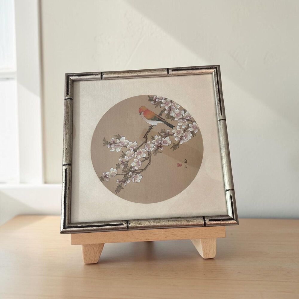 Vintage Chinese Silk Painting Bird Blossoms Bamboo Frame Fabric Mat Chinoiserie